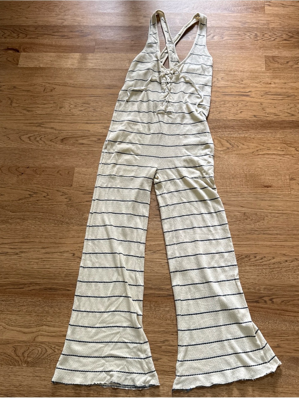 Free People Beach Striped Cream Wide-Leg Jumpsuit with Lace-Up Front XS